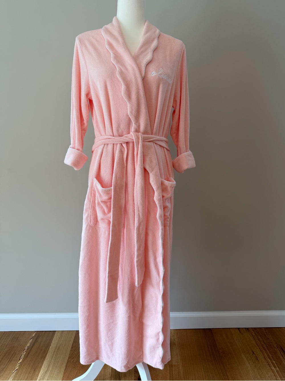 WEEZIE Women's Long Scallop Lightweight Robe Pink Size Small "Olivia"